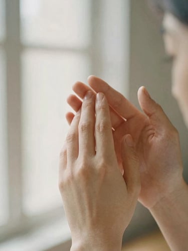 Close-up of gentle, respectful hand contact on the temples, soft linen texture, warm natural daylight filtering from a window, shallow depth of field
