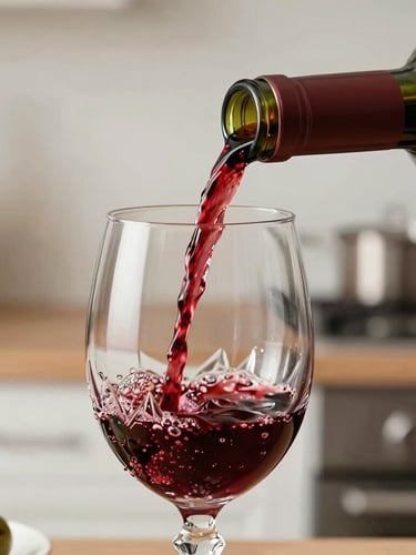 Macro shot of dark red Portuguese wine being poured into a crystal glass, rich burgundy tones, soft natural side-light, professional kitchen background, 35mm