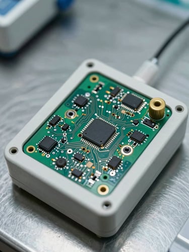 Close-up overhead documentation shot of a compact medical monitoring device prototype on a stainless steel surface, circuit board traces and sensor connectors visible, even cool laboratory lighting, shallow depth of field on the component array