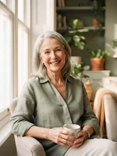 Elegant portrait of an active senior woman smiling, warm morning light streaming through a large window, sage green accents in the background, soft editorial photography style.