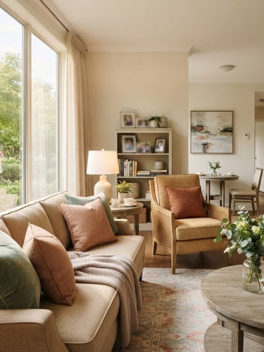 A bright and airy private senior apartment living room, large window with soft morning sunlight streaming in, elegant warm-toned furniture, sage green and terracotta decorative pillows, cozy and dignified atmosphere.