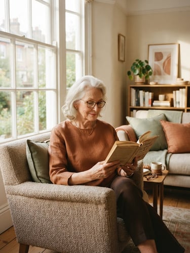 An elegant senior woman reading a book in a sunlit, warm ivory apartment, soft morning light streaming through a large window, sage green cushions in the background, warm editorial style