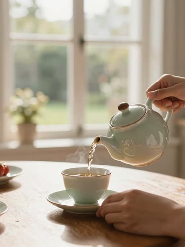 A close-up of hands pouring tea from a ceramic teapot into a cup, warm morning light streaming through a window, soft focus garden visible in the background, elegant residential kitchen table.