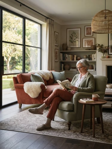 Medium wide shot of a bright, elegant residential lounge with soft morning light, a senior woman reading comfortably by a large window, warm sage and terracotta accents, high-end interior design.