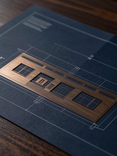 Extreme close-up of architectural blueprints on a dark oak table, dramatic side lighting, deep navy and brushed bronze tones, sharp focus