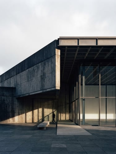 Minimalist architectural photography of a concrete modern pavilion in Berlin, sharp geometric shadows, overcast daylight, 35mm