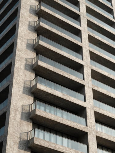 Close architectural detail of a contemporary Lima residential tower facade, geometric concrete panels and floor-to-ceiling glass alternating in rhythm, sharp morning light casting precise shadows across the materiality, elevated perspective looking slightly upward to emphasize scale