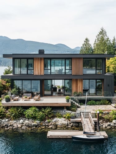 Straight-on architectural photography of a modern West Vancouver home facade overlooking the water, soft natural daylight, refined charcoal and cream tones, 35mm