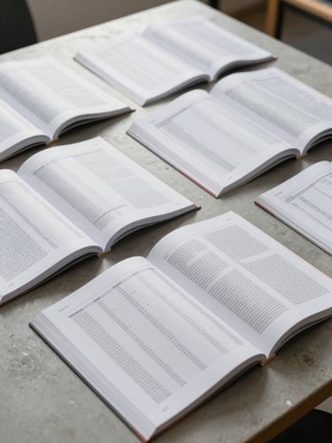 Wide flat-lay of open academic journal spreads on a clean concrete-gray desk surface, multiple pages showing data tables and dense typeset text under controlled overhead daylight, no people, editorial production context