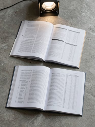 Flat lay of open academic journal spreads on a clean concrete-gray surface, overhead studio light, text columns and data tables visible, crisp shadows, minimal styling