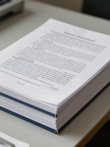 Close environmental shot of bound manuscript proofs stacked on an institutional desk, reviewer handwritten notes visible on top page, clean north-facing daylight, sharp detail on typography and binding edges
