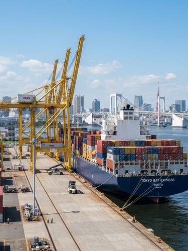 A crisp professional corporate photograph of a modern container ship docked at Tokyo port during bright daylight, sharp focus, 35mm architectural lens, clean composition with negative space