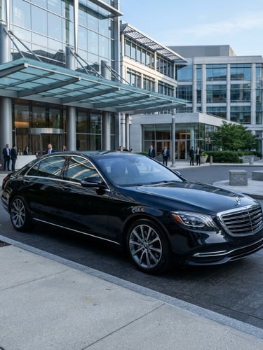Pristine executive black sedan parked at a modern corporate building entrance in Washington D.C. at crisp morning daylight, reflections on the polished surface, 50mm lens.