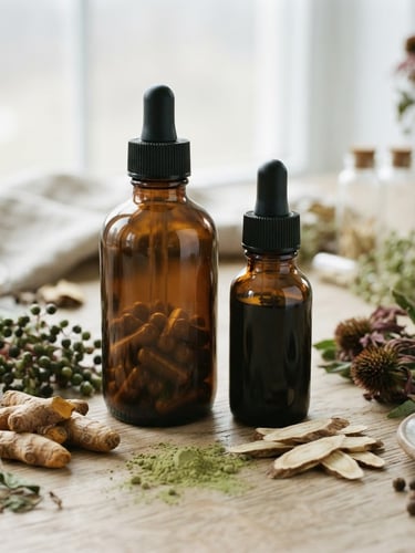 Macro clinical photograph of clean amber supplement bottles and raw botanical ingredients, soft natural overcast daylight, desaturated tones, 35mm