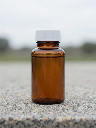 Close-up of a clean amber supplement bottle sitting on a textured stone surface under soft natural overcast daylight, clinical health journal style, 35mm