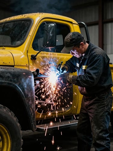 Low-angle heroic portrait of a mechanic welding a classic utility truck frame, sparks flying, high-contrast black and yellow tones, gritty workshop environment, 35mm