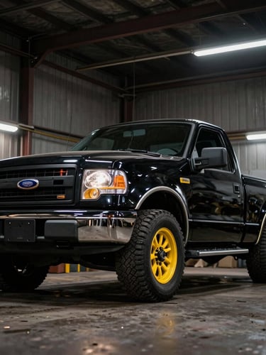 Low-angle heroic shot of a customized black Ford F-100 truck in a gritty workshop, dramatic low-key lighting with high-contrast yellow rim lights, sharp 35mm detail
