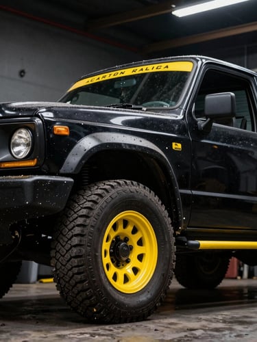 Low-angle heroic shot of a rugged customized black pickup truck with yellow rim lights, gritty workshop setting, high-contrast, 35mm