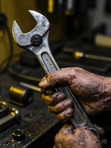 Extreme close-up of mechanical hands covered in grease holding a heavy iron wrench, dramatic low-key lighting with harsh yellow rim light, gritty workshop background, 35mm