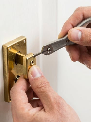 Close-up macro shot of a professional locksmith's hands using technical tools to carefully repair a brass door lock cylinder, bright daylight, sharp focus, shallow depth of field
