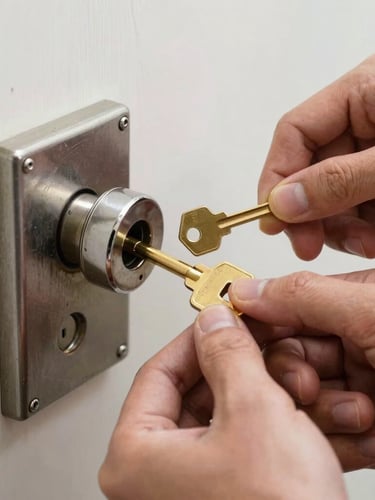 Close-up of a professional locksmith's hands inserting a polished brass key into a secure deadbolt lock cylinder, bright daylight, sharp focus on the metallic details