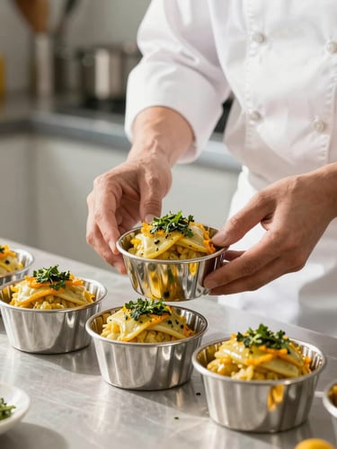 Clean modern kitchen environment, chef in white uniform carefully placing fresh rotis into gleaming stainless steel tiffins, bright natural lighting