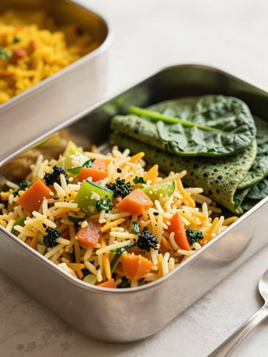 Warm morning sunlight illuminating a stainless steel eco-friendly tiffin box filled with colorful vegetable pulao, fresh spinach roti, and a side of yellow dal, shallow depth of field, 50mm lens