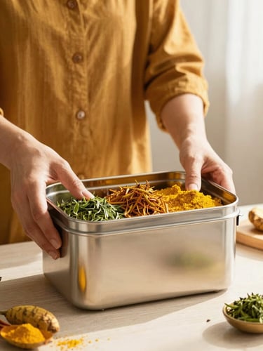Warm editorial portrait of a mother packing a beautiful, fresh stainless steel tiffin box, soft morning sunlight, turmeric tones