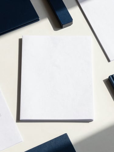 Crisp flat-lay of structured business documents, architectural shadows, clean cream desk, navy accent tools, bright natural daylight, 35mm