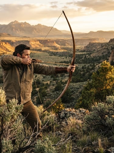 Wide shot of a grain-matched traditional longbow under tension, set against a high-desert Idaho landscape at golden hour, sagebrush in foreground, dramatic side-lighting.