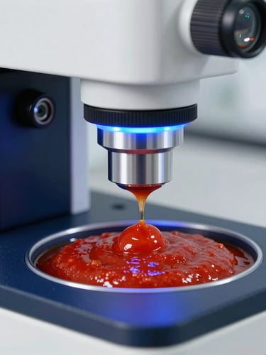 Macro shot of rich red tomato sauce being tested under a clean laboratory spectrophotometer, blue backlighting, precise optical lens, scientific environment