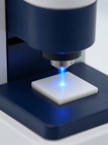 Macro close-up of a high-end spectrophotometer sensor emitting a precise blue light beam onto a white ceramic calibration tile, clean laboratory environment, high-contrast scientific aesthetic