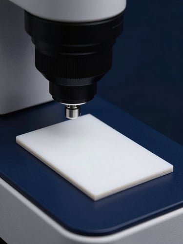 Close-up of a high-precision white calibration tile being placed into a spectrophotometer under crisp laboratory lighting, deep navy background, technical precision