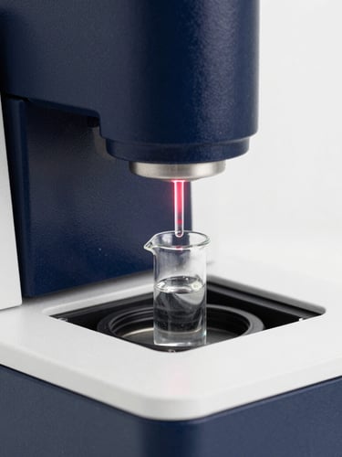 A clear chemical liquid in a quartz cuvette being analyzed by a laser light beam inside a high-end spectrophotometer, deep navy and white tones