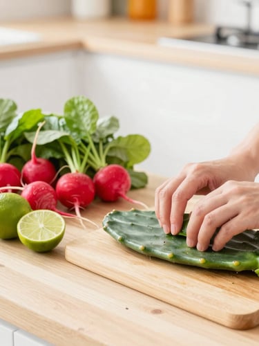 Bright daylight shot of a modern kitchen workspace with fresh local ingredients, colorful radishes, limes, and hand-prepped green nopales on a light wood surface.
