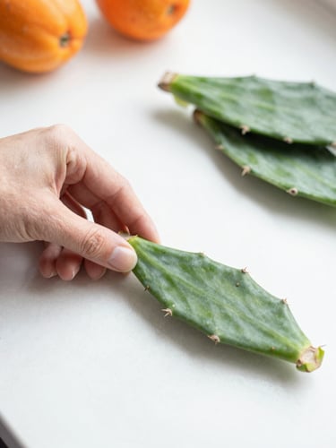 High-key close-up photography of fresh green cactus paddles being hand-prepped on a bright white kitchen counter, soft natural daylight, sharp focus.