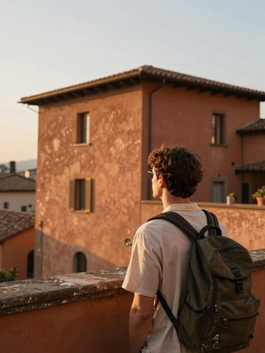 Cinematic portrait of a traveler looking at a historic terracotta-colored building in Italy, soft golden hour sunlight, warm earth tones, editorial style