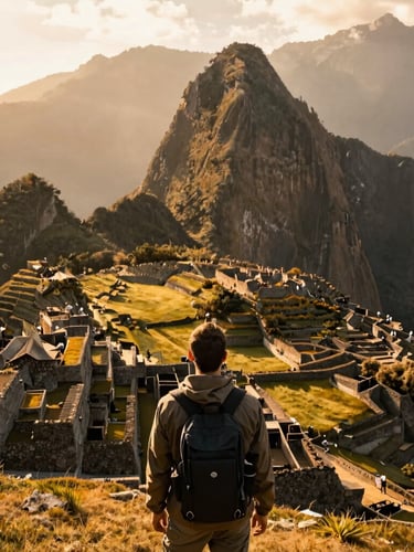 Wide vertical shot of a traveler from behind looking at the misty peaks of Machu Picchu during golden hour, warm lighting, rich earth tones, cinematic composition