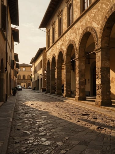 Warm editorial travel photography of a quiet cobblestone street in Florence during golden hour, elegant stone arches, soft natural light, cinematic perspective