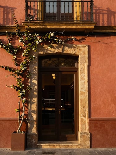 Close-up of a historic boutique hotel entrance in Seville, terracotta walls, climbing jasmine, warm golden hour sunlight, editorial travel style