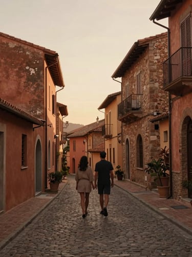 Cinematic wide-angle shot of a couple walking through a quiet cobblestone alley in a European village during golden hour, soft warm light, rich terracotta tones, editorial travel photography.