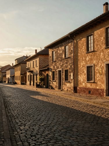 Wide-angle cinematic shot of a quiet cobblestone street in a historic European village during golden hour, long shadows, warm light, no tourists