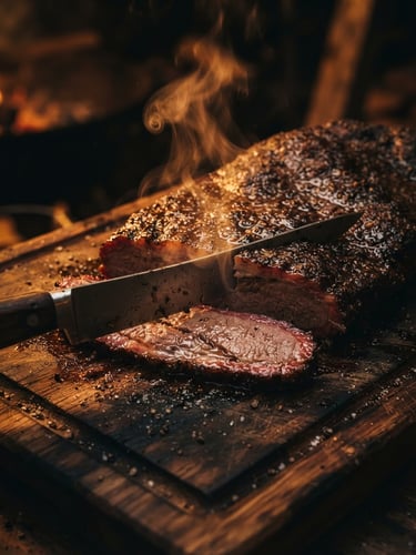 Dramatic close-up of a seasoned brisket being sliced on a dark oak board, glistening bark, smoke rising softly from the warm meat, low-key lighting with deep shadows and golden-amber highlights
