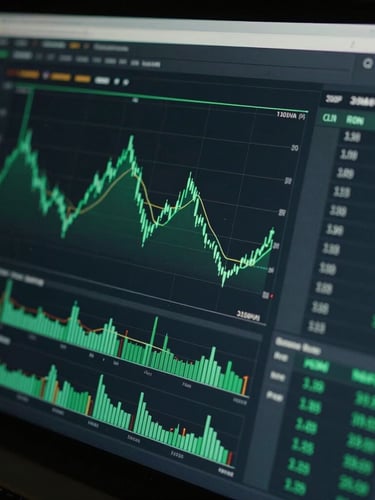 Close-up of modern financial technology interface showing clean technical charts on a dark screen, moody low-key lighting with sharp green highlights, 35mm