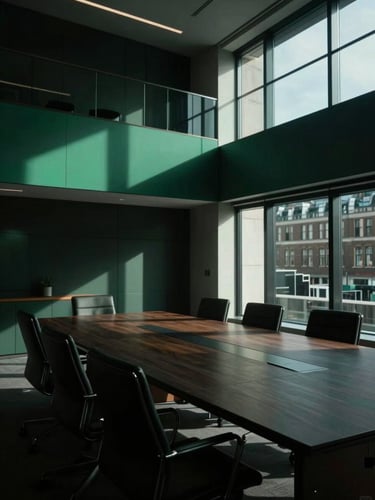 Cinematic dark-mode shot of a modern architectural boardroom in London, sharp directional light, deep shadows, emerald accents, 35mm