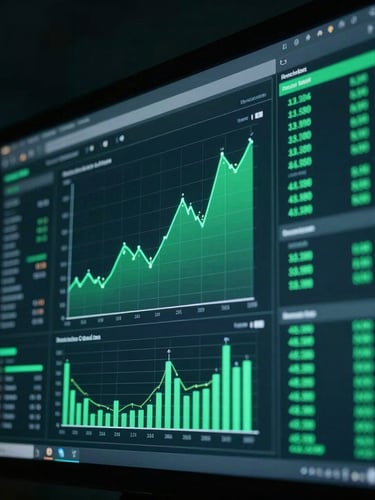 Cinematic close-up of a modern financial technology interface showing glowing green data charts, moody low-key lighting, deep shadows, 35mm