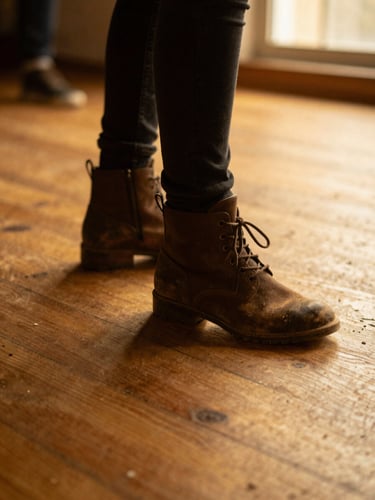 Candid close-up of dusty boots in motion on a warm timber dance floor, slight motion blur, golden-hour window light