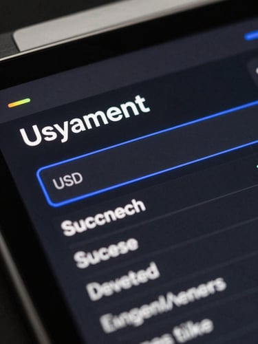 Macro view of a modern dark mode payment dashboard interface displaying successful USD transactions, clean typography, and electric indigo accent lines, studio lighting.