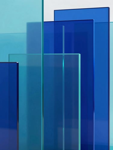 Abstract 3D rendering of layered translucent glass panels in electric indigo and cyan, representing structured corporate infrastructure, clean studio lighting.