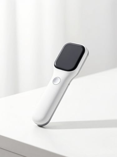 Bright high-key studio shot of a modern handheld device resting on a clean white countertop, soft natural light, sharp focus, portrait aspect